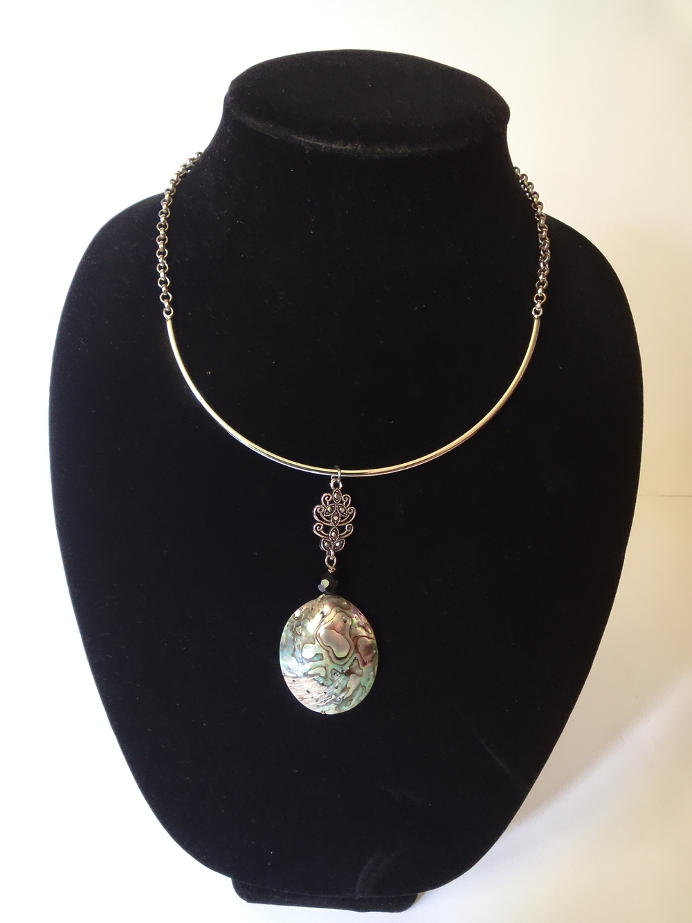 Sterling-Tone Abalone Pendant Necklace - Iridescent Green